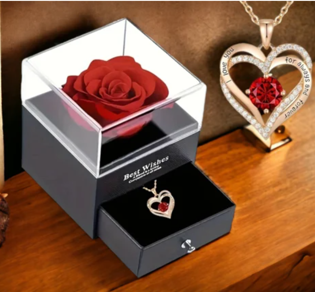 "Love" Red Heart Necklace with Rose Box